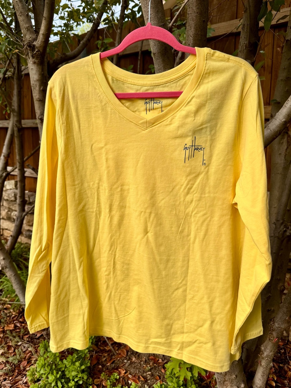Guy Harvey Yellow Long-Sleeve  V-Neck Tee with Chest Logo